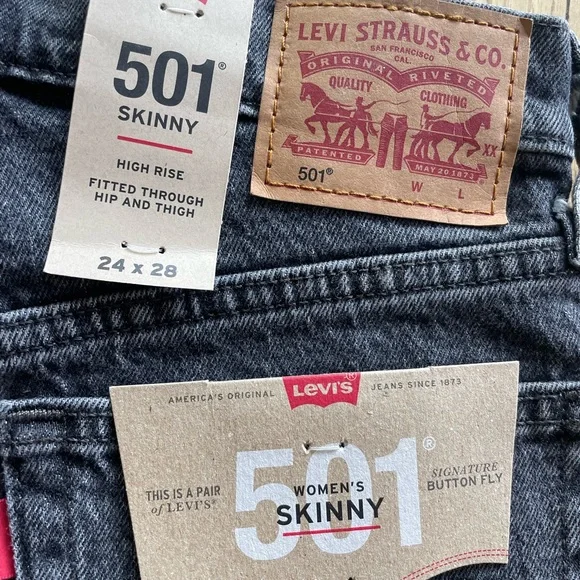 Levi’s 501 skinny Womans Dark Gray Jeans Button Fly High Rise size 24x28 raw hem - Picture 10 of 10
